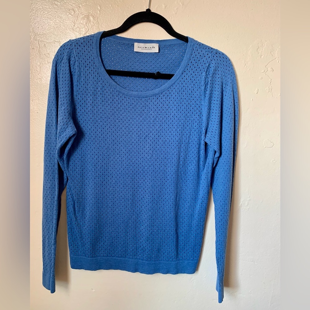 Gorgeous, periwinkle blue, light sweater with peek-a-boo polka dot knit